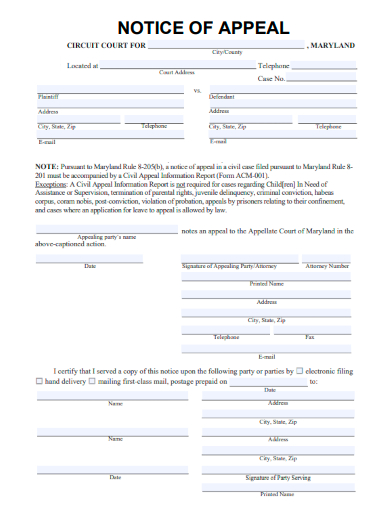 sample notice of appeal form template