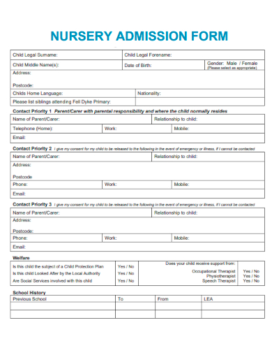 sample nursery admission form template