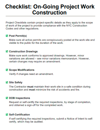 sample on going project work construction checklist template