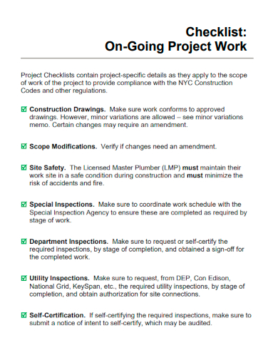 sample ongoing project work checklist template