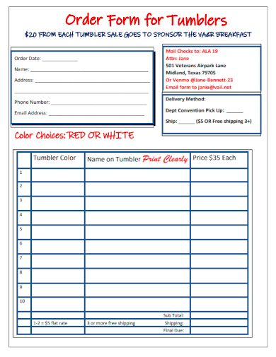 sample order form for tumblers template