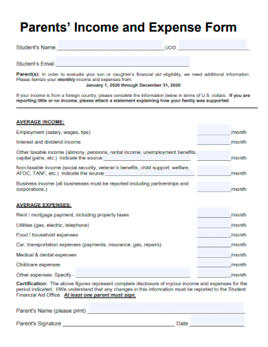 sample parents income and expense form template