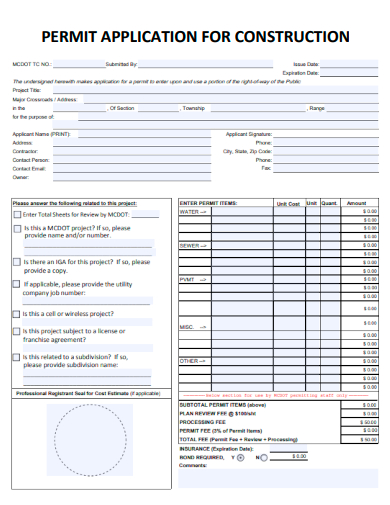 sample permit application for constructions template