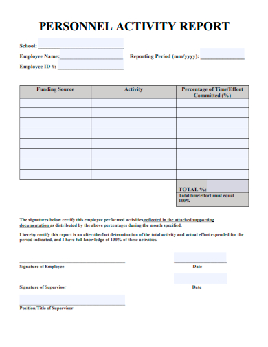 sample personal activity report template
