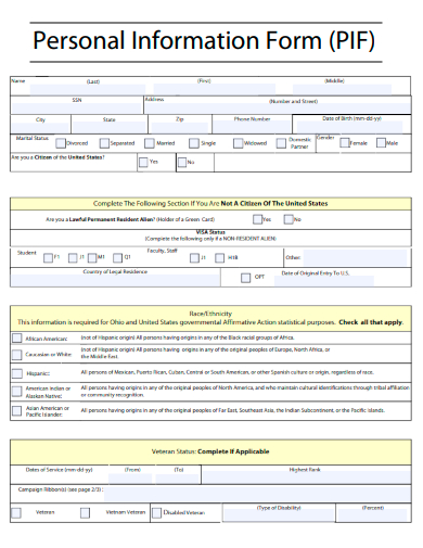 sample personal information form template