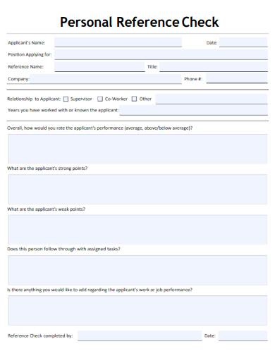 sample personal reference check form template