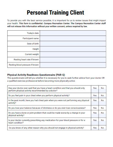 sample personal training client form template