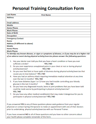 sample personal training consultation form template