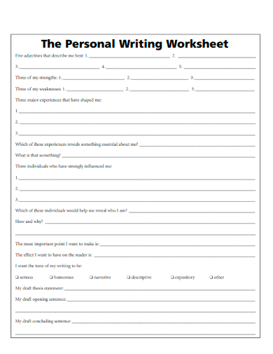 sample personal writing worksheet template