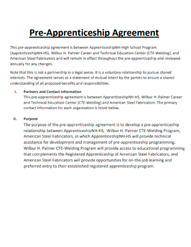 sample pre apprenticeship agreement template
