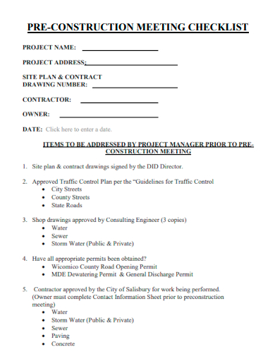 sample pre construction project meeting checklist template
