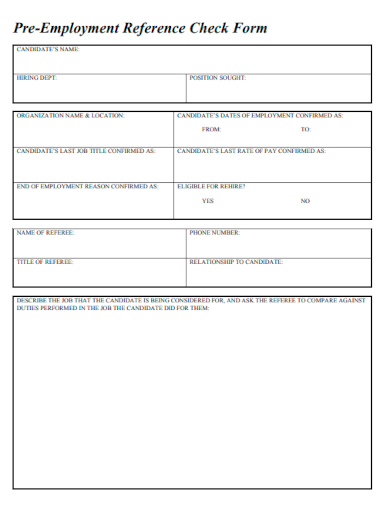 sample pre employment reference check form template