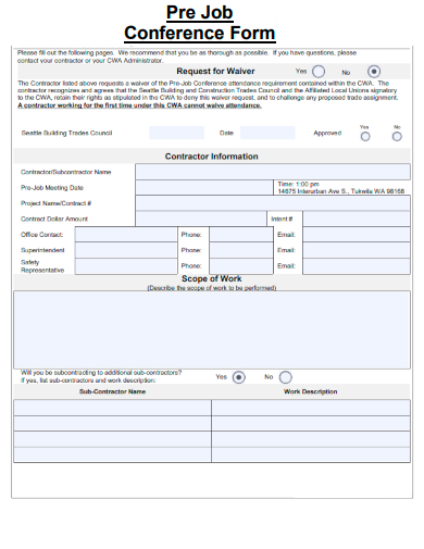 sample pre job conference form template