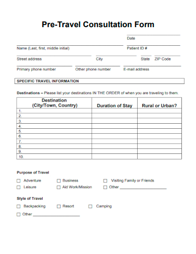 sample pre travel consultation form template