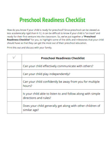 sample preschool readiness checklist template