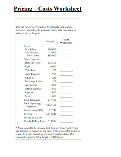 sample pricing cost worksheet template