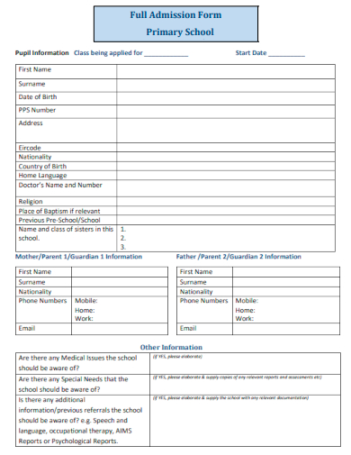 sample primary school admission form templates