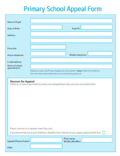 sample primary school appeal form template