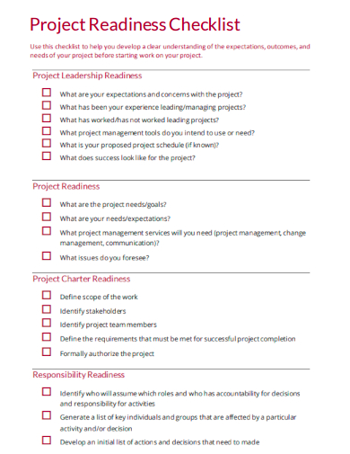 sample project readiness checklist template