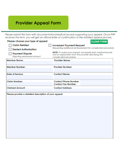 sample provider appeal form template