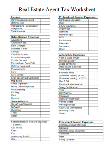 sample real estate agent tax worksheet template