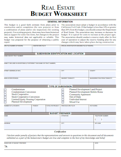 sample real estate budget worksheet template