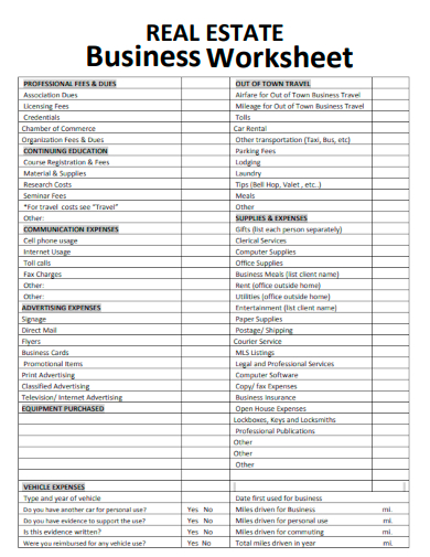 sample real estate business worksheet template