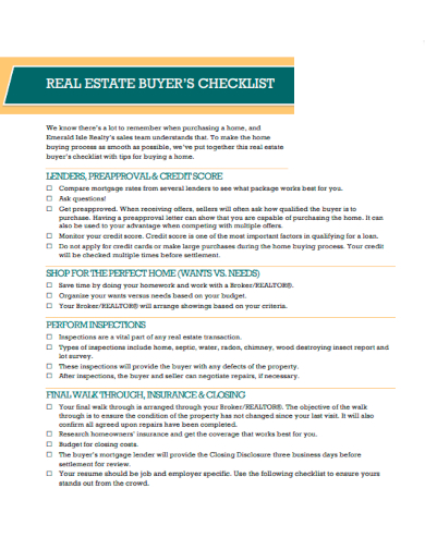 sample real estate buyers checklist template