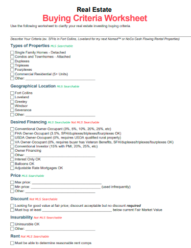 sample real estate buying criteria worksheet template