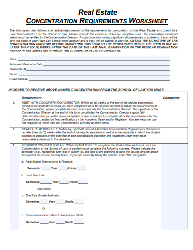 sample real estate concentration requirement worksheet template