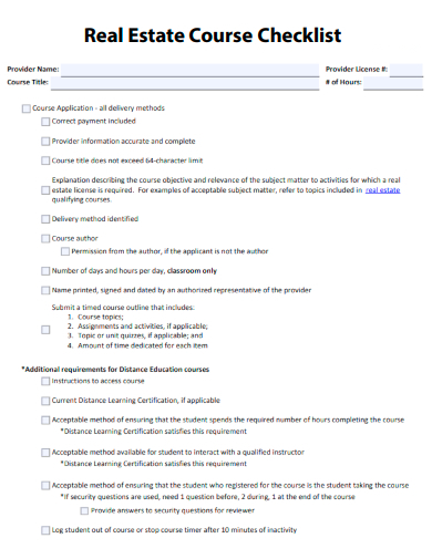 sample real estate course checklist template