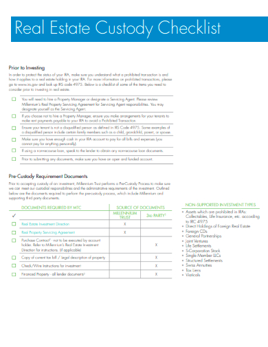 sample real estate custody checklist template