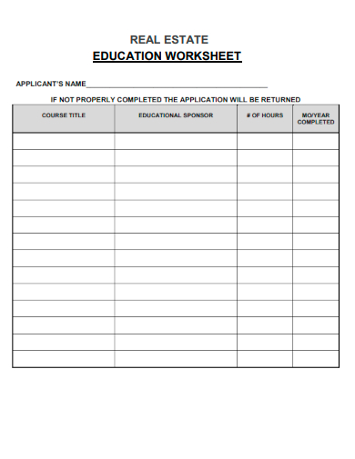 sample real estate education worksheet template