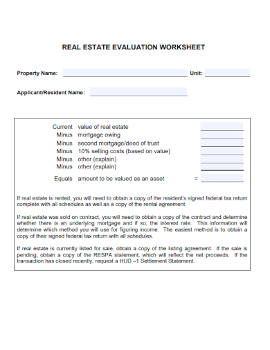 sample real estate evaluation worksheet template