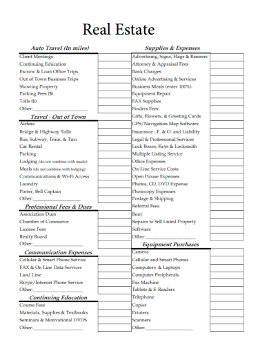 sample real estate expense worksheet template