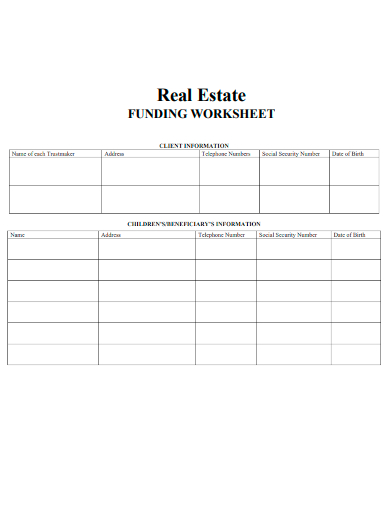 sample real estate funding worksheet template