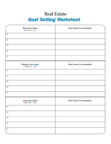 sample real estate goal setting worksheet template