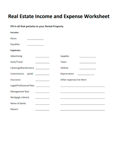 sample real estate income and expense worksheet template
