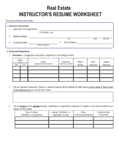 sample real estate instructor resume worksheet template