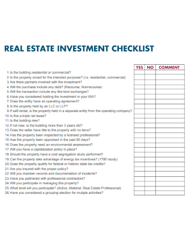 sample real estate investment checklist template