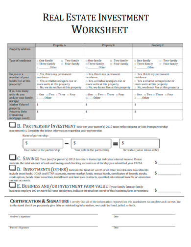 sample real estate investment worksheet template