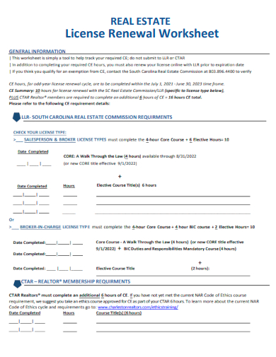 sample real estate license renewal worksheet template