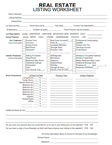 sample real estate listing worksheet template