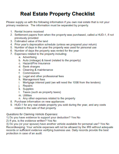sample real estate property checklist template