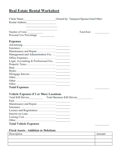 sample real estate rental worksheet template