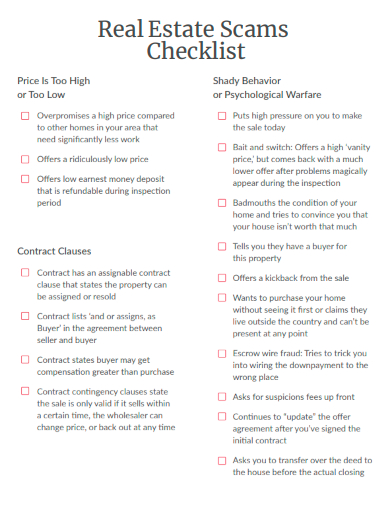 sample real estate scams checklist template