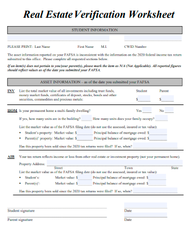 sample real estate verification worksheet template