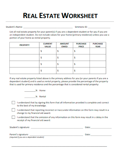 sample real estate worksheet form template