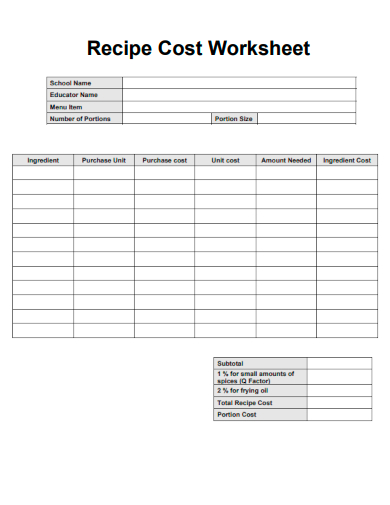 sample recipe cost worksheet template