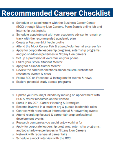 sample recommended career checklist template